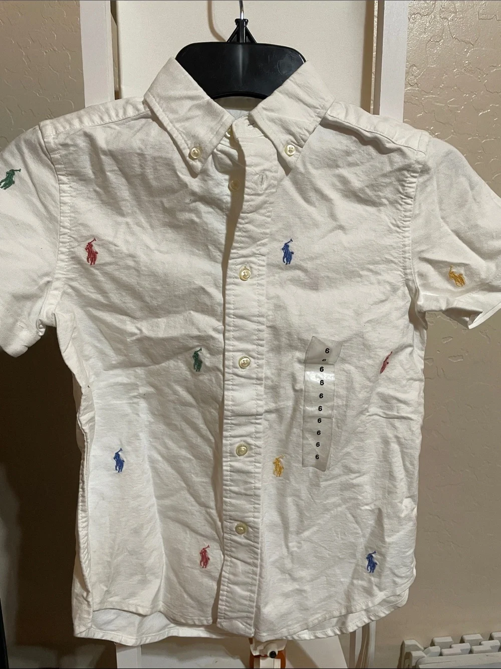 Ralph Lauren White Button-Down Polo Logo Shirt with Multicolor Embroidery